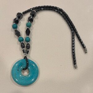 Vintage Necklace Silver Metal Hematite and Turquoise Magnesite Stone Tribal